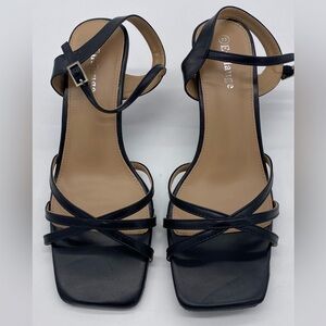 Enelauge Square Toe Ankle Strap Strappy Sandal Kitten Heels Black SizeUS10/EU44